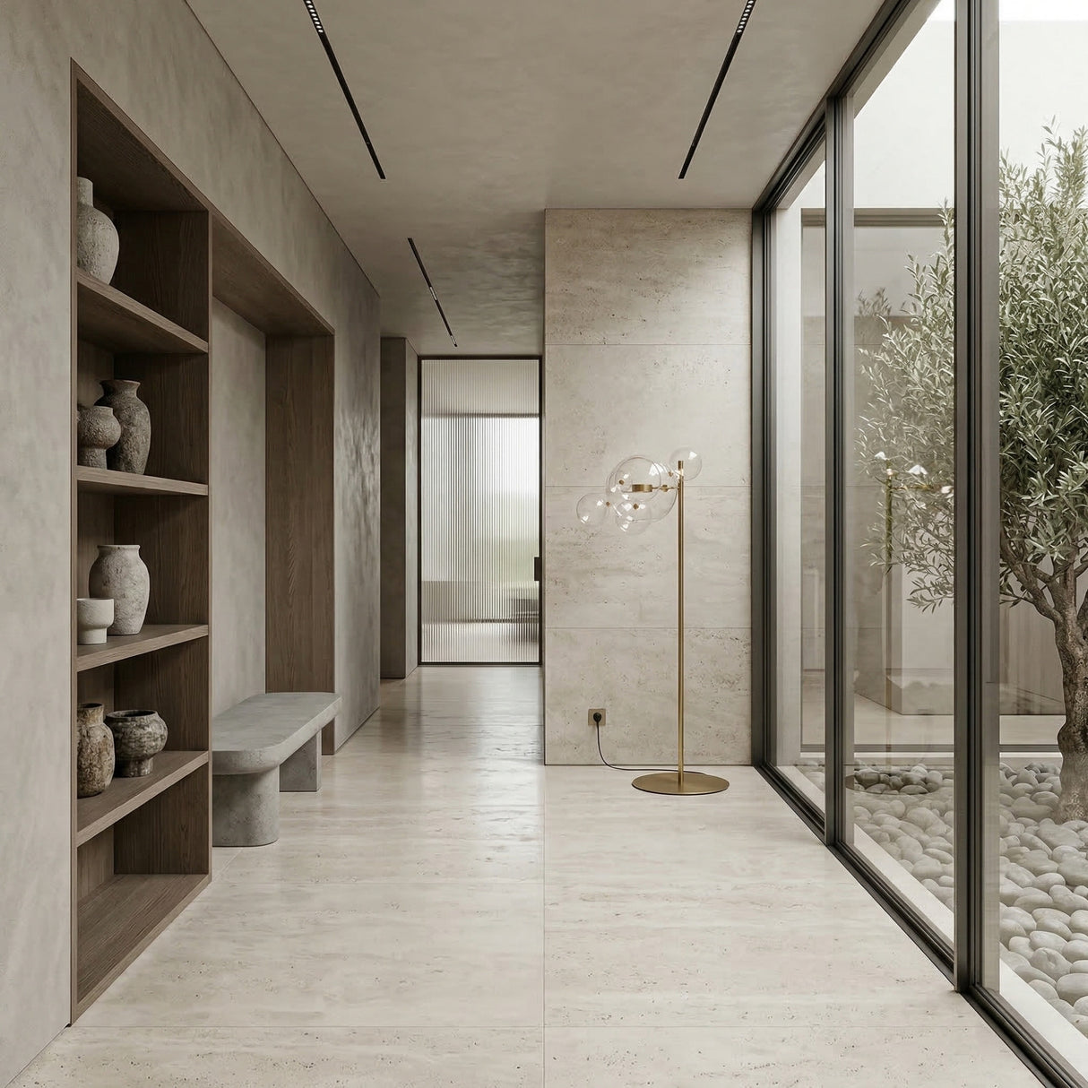 A modern, minimalist hallway features light stone floors, built-in shelves with pottery, a gray bench, the Bubble LED Glass Floor Lamp - Gold, and large windows overlooking a rock garden with an olive tree.