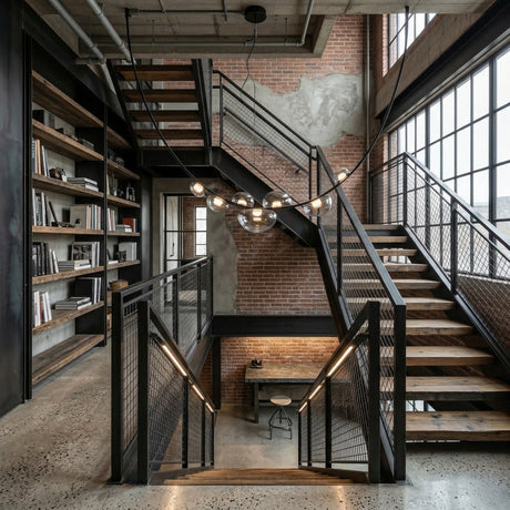 Modern industrial interior with exposed brick walls, large windows, and metal-framed stairs. A bookshelf lines one wall while the Cordaro 14 Light Leather Suspension - Black adds elegance from above to the stylish loft-like space.