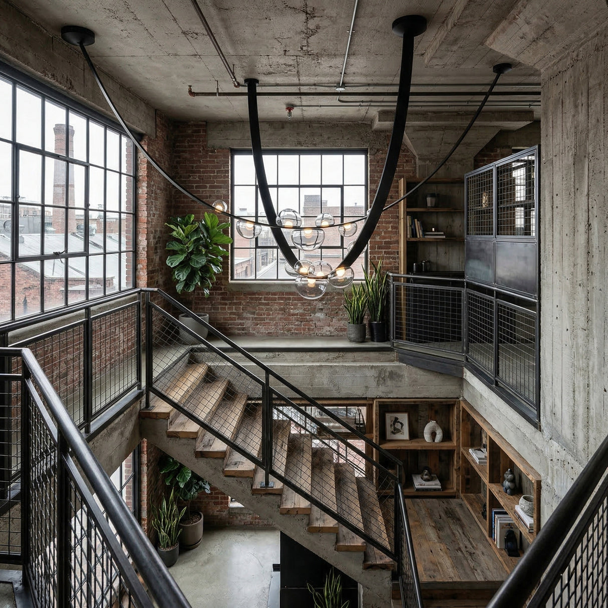 Modern industrial loft interior with exposed concrete and brick walls, large windows, metal railings, wood stairs, plants, shelves, and the Cordaro 7 Light Leather Suspension - Black as a striking centerpiece overhead.