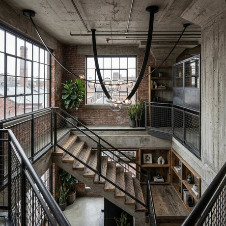 Modern industrial loft interior with exposed concrete and brick walls, large windows, metal railings, wood stairs, plants, shelves, and the Cordaro 7 Light Leather Suspension - Black as a striking centerpiece overhead.