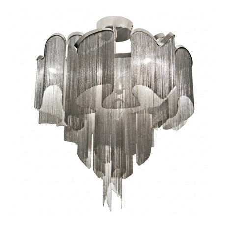 The Valora 8 Light Metal Chain Veil Semi-Flush Ceiling Light in Nickel features cascading layers of silver metal chains, forming a graceful wave-like design suspended from a circular ceiling mount.
