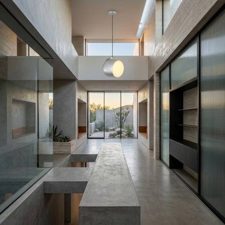 A modern minimalist hallway with concrete floors, large glass windows, built-in benches, and open shelving is illuminated by the Mono LED Pendant Light - Grey, leading to an outdoor patio with desert plants.