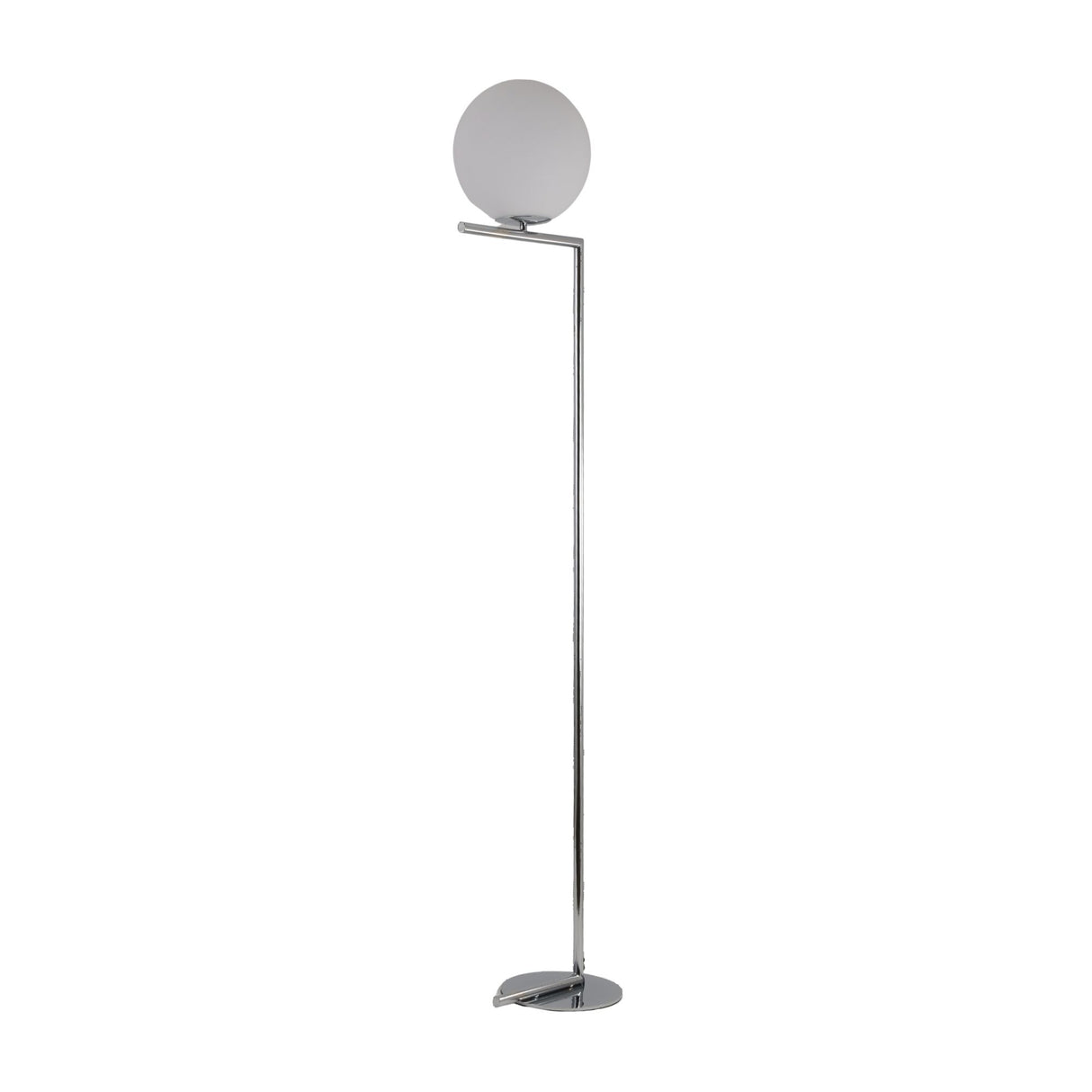 Niori Vetra 1 Light floor lamp with opal glass globe on a slim polished chrome cantilevered arm and circular disc base, on a white background.