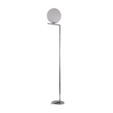 Niori Vetra 1 Light floor lamp with opal glass globe on a slim polished chrome cantilevered arm and circular disc base, on a white background.