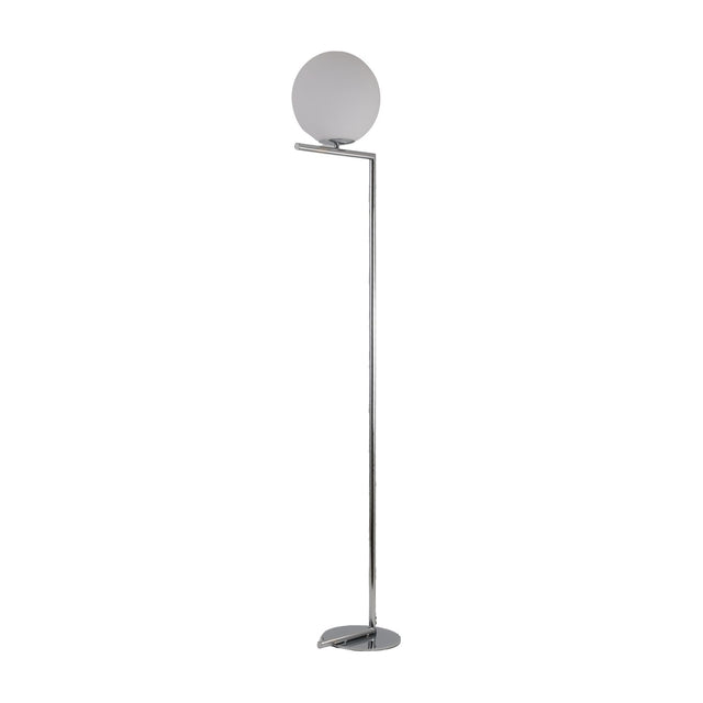 Niori Vetra 1 Light floor lamp with opal glass globe on a slim polished chrome cantilevered arm and circular disc base, on a white background.