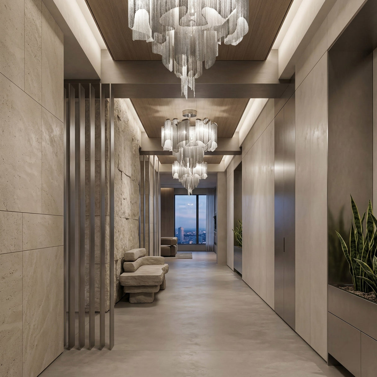 A modern hallway with beige walls and floors, sleek furniture, metal slats, plants, and city views is illuminated by the Valora 8 Light Metal Chain Veil Semi-Flush Ceiling Light in nickel and decorative chandeliers.