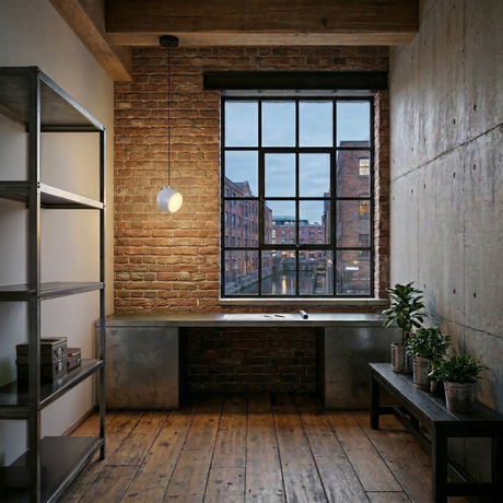 A modern industrial-style office with exposed brick and concrete walls, wooden floors, metal shelves and desk, a large window with canal views, potted plants on a bench, and a Mono LED Pendant Light - White illuminating the space.