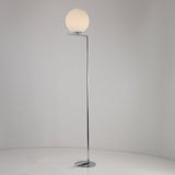 Niori Vetra floor lamp with a 24cm opal glass globe on a slim polished chrome cantilevered arm rising from a circular disc base, shown on a pale background.