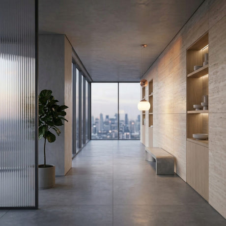 A modern, minimalist hallway with large windows overlooking a city skyline, light wood shelving with decor, a small potted plant, a Yoyo Pendant Light - Copper overhead, and a concrete bench.