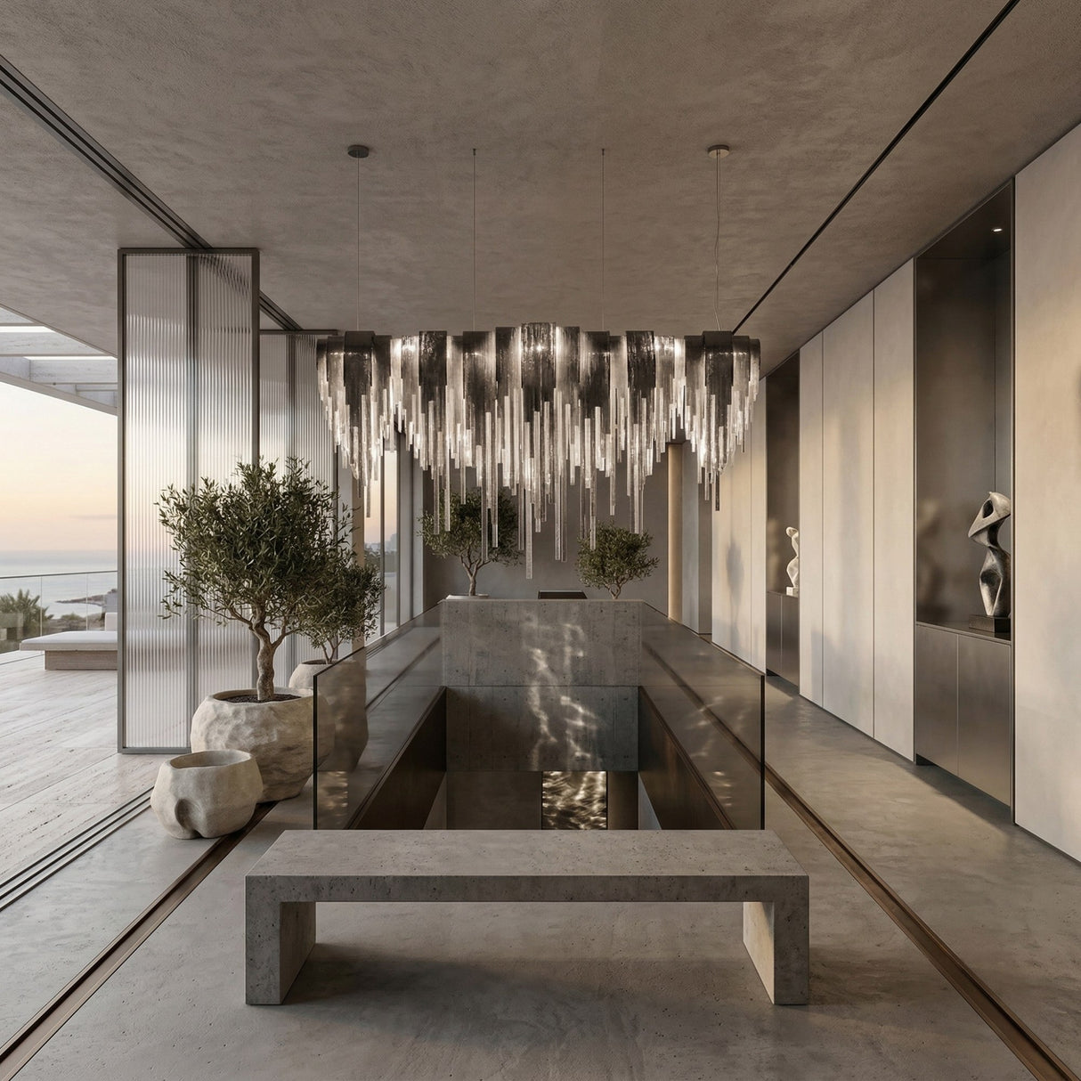 Niori Symphonia 10 Light Metal Chain Veil Chandelier in nickel suspended above a concrete bench and reflecting pool in a minimalist coastal interior.