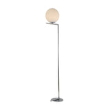 Niori Vetra 1 Light floor lamp with opal glass globe on a slim polished chrome arm and disc base, shown on a white background.