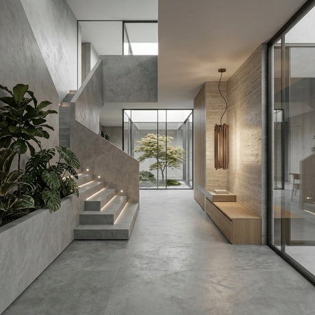 A modern minimalist hallway features a concrete staircase, built-in lights, large windows, indoor plants, and a view of a small tree in a glass-enclosed courtyard. The Aurelio 6 Light Brass Pendant - Gold adds warmth as natural light fills the airy space.