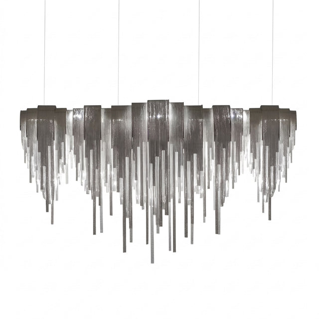 Niori Symphonia 10 light chandelier with stepped nickel canopy and cascading brass chains in a tapered veil silhouette, shown on a white background.