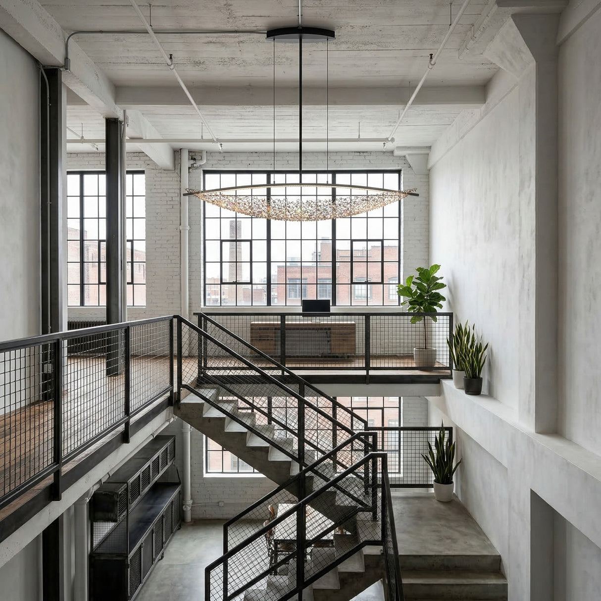 Niori Amara LED K9 crystal chandelier in chrome, a long leaf-shaped fitting suspended in an industrial loft interior with tall factory windows.