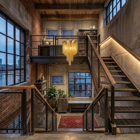 An industrial-style staircase with metal railings, exposed brick walls, large windows, and the Valora 5 Light Metal Chain Veil Chandelier in Gold. Plants, art, bookshelves, and a red rug complete the cozy urban loft vibe.