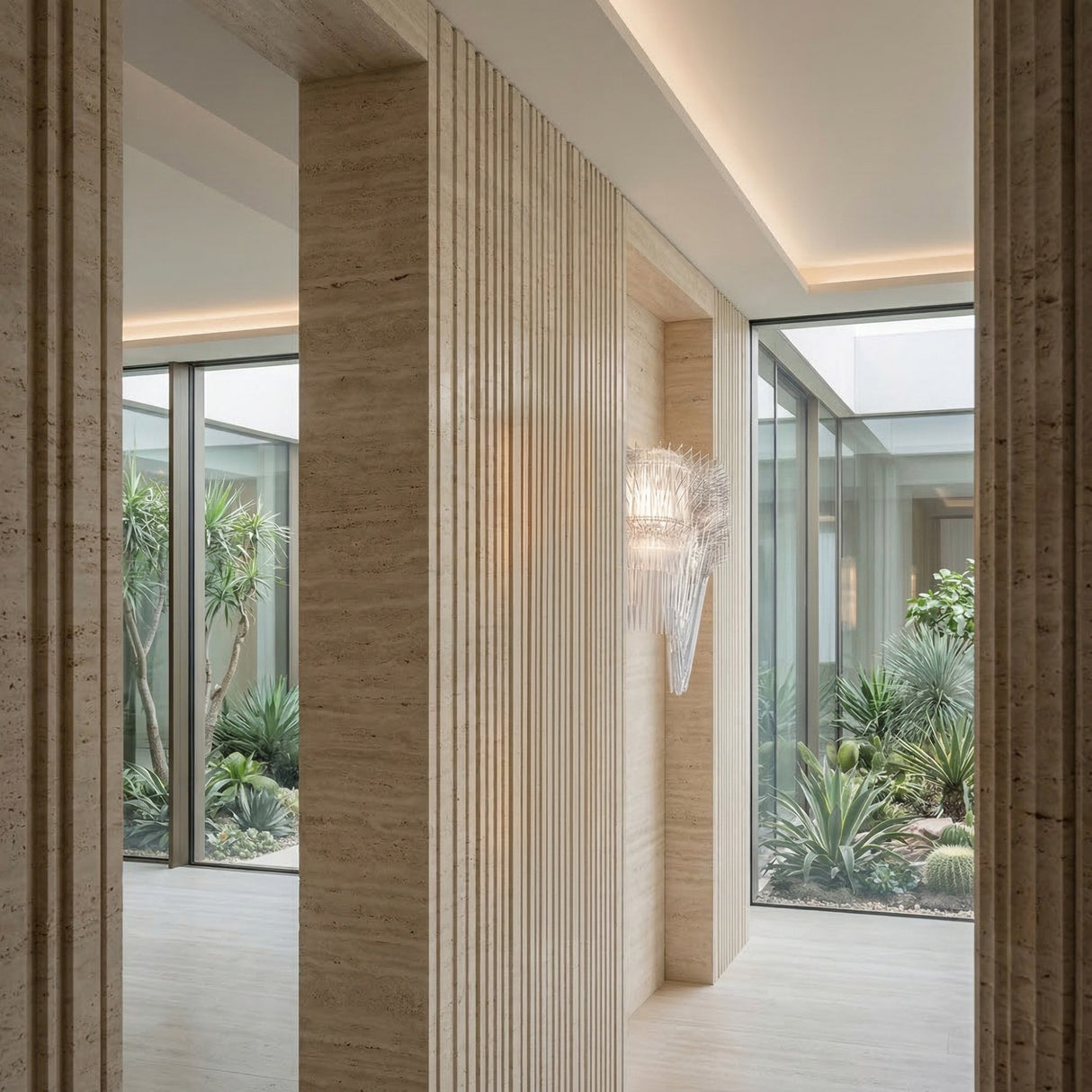 A modern hallway features light stone walls, vertical textured panels, the Aeris 3 Light Wall Light in white, and large windows with views of a lush minimalist courtyard garden filled with assorted green plants.
