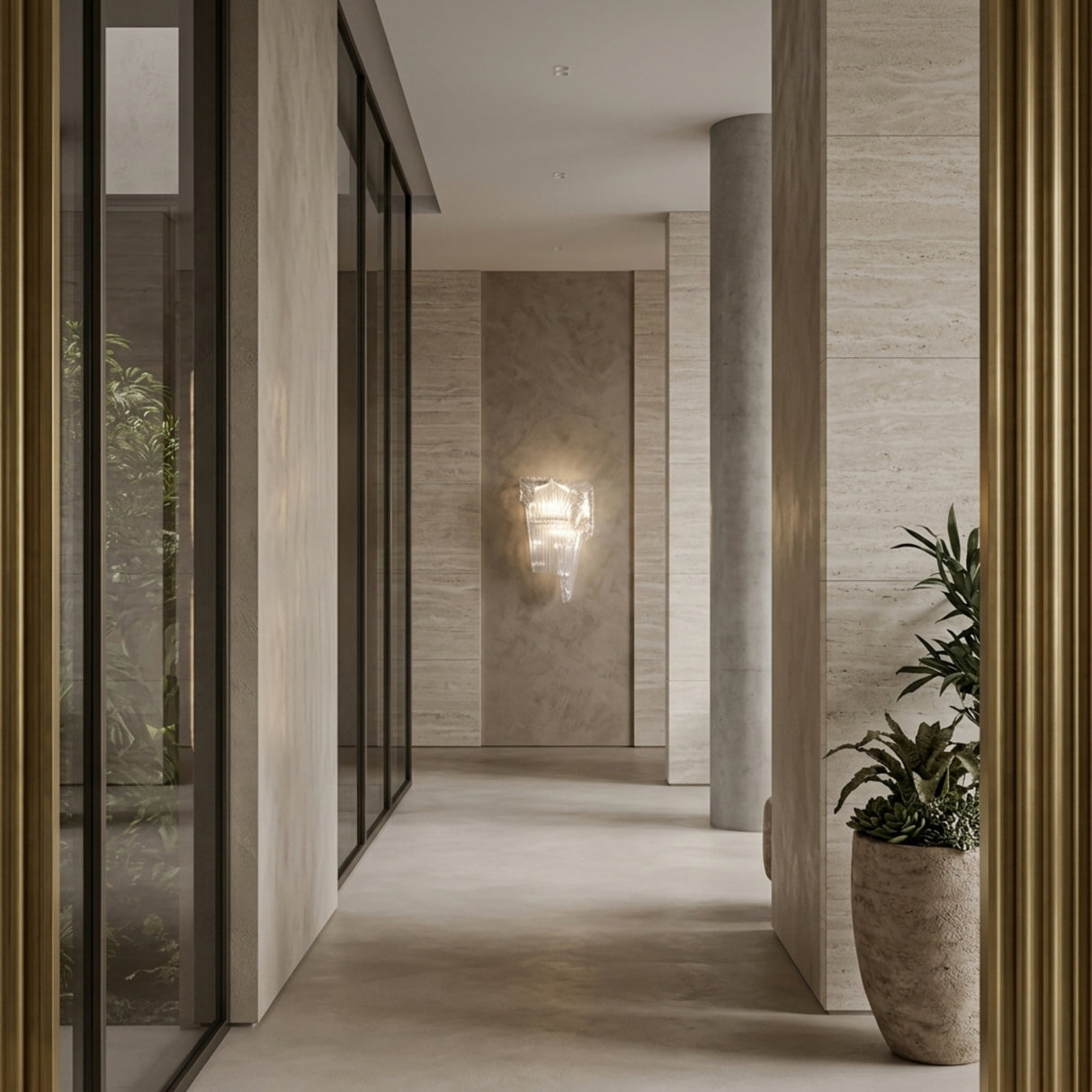 A modern hallway with light stone walls, glass panels, and potted plants features the Aeris 3 Light Wall Light - White as a sleek accent that enhances minimalist decor with warm, inviting illumination.