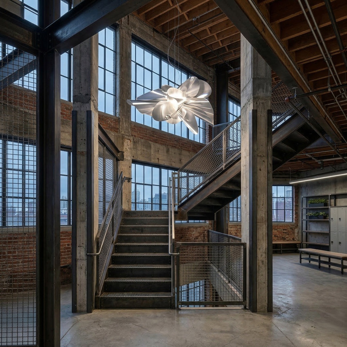 Niori Violla 73cm LED pendant with layered white Opalflex petals suspended in an industrial stairwell with exposed brick, steel beams and tall windows.