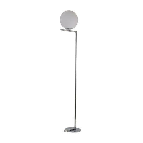 Niori Vetra floor lamp with a 24cm opal glass globe on a slim polished chrome cantilever arm rising from a circular disc base, shown on white.