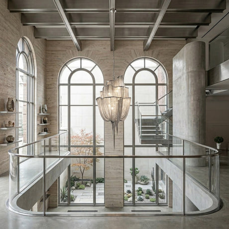 A modern, open interior with large arched windows, a sculptural Mireya 8 Light Metal Chain Veil Chandelier in Nickel, glass railings, exposed concrete, and a sleek staircase overlooking a minimalist courtyard garden.
