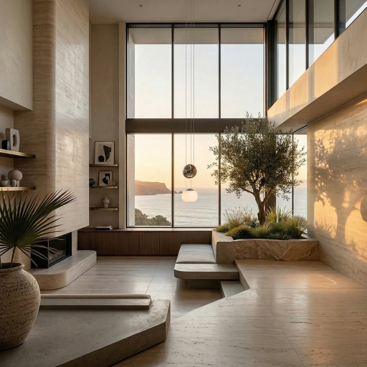 Yoyo G9 LED Glass Pendant Light in silver chrome with opal dome shade hanging in a sunlit minimalist living room with sea view and olive tree.