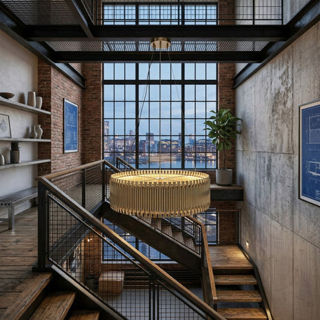 A modern industrial loft features large grid windows, exposed brick walls, metal stairs, shelves with ceramics, a potted plant, city skyline and bridge views outside, and is illuminated by the Aurelio 24 Light Brass Chandelier - Gold.