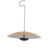 The Ginger LED Medium Pendant Light - Black & Brown features a wide wooden shade and a black dome fixture, suspended by a slim black cord—an elegant, modern lighting option for any space.