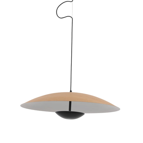 The Ginger LED Medium Pendant Light - Black & Brown features a wide wooden shade and a black dome fixture, suspended by a slim black cord—an elegant, modern lighting option for any space.