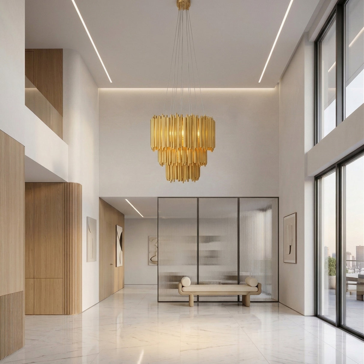 A modern, spacious lobby with high ceilings, large windows showing a cityscape, marble floors, wood accents, minimalist art, a beige bench, and a glass-walled office features the Aurelio 42 Light Brass Chandelier - Gold as its sculptural centerpiece.