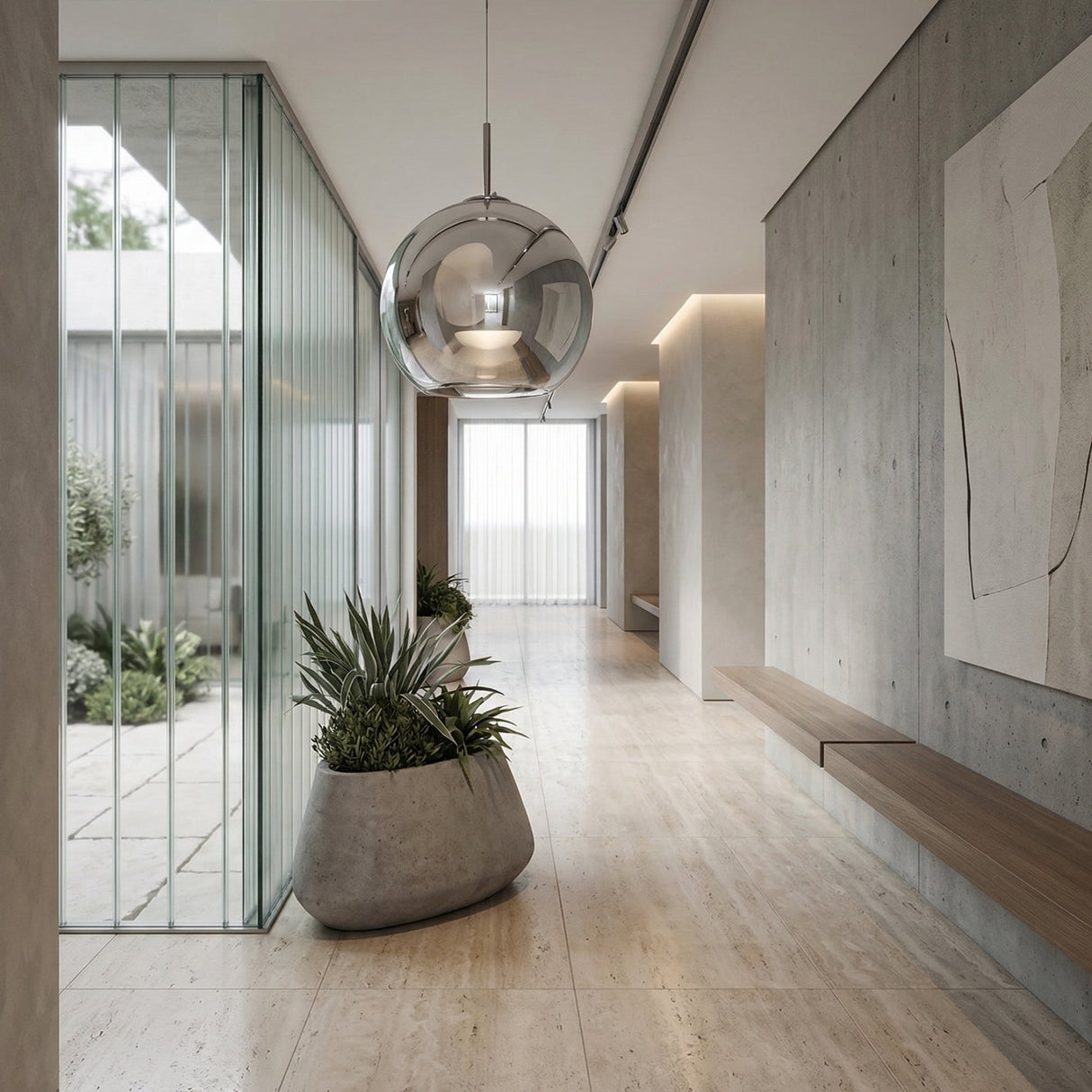 Niori Grand Ball Glass Pendant 40cm in Silver Chrome hanging in a bright minimalist hallway with concrete walls, stone floor, planter and glazed courtyard.