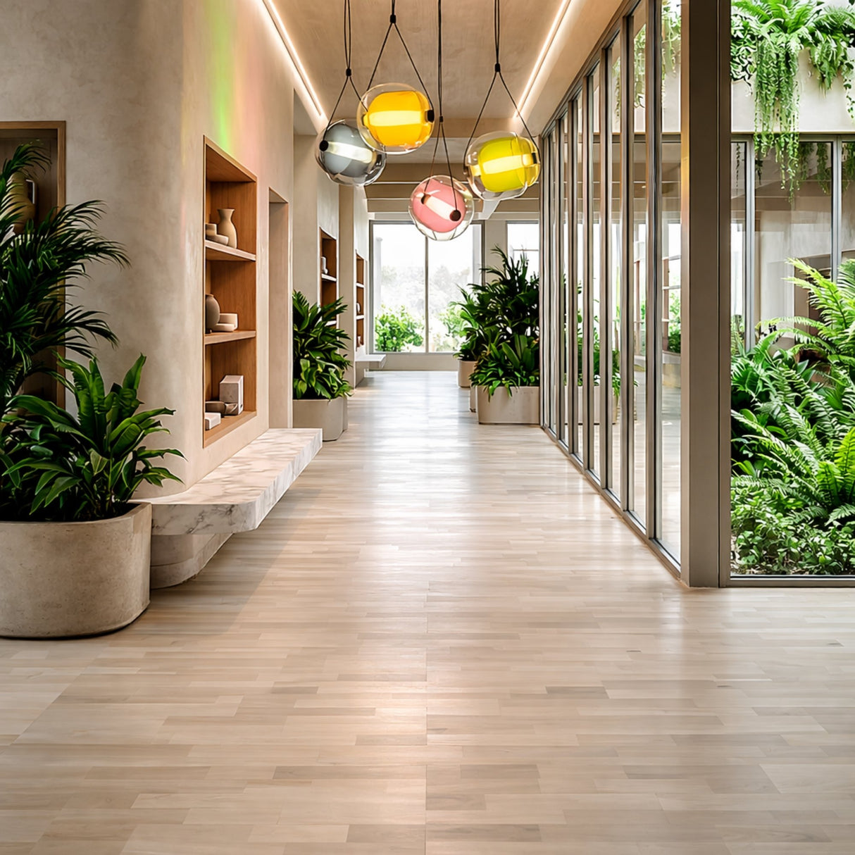 A modern hallway features light wood flooring, large windows, indoor plants, built-in shelves, and four Prisma LED Glass Pendant Lights. Natural light fills the space, creating a fresh and inviting atmosphere.