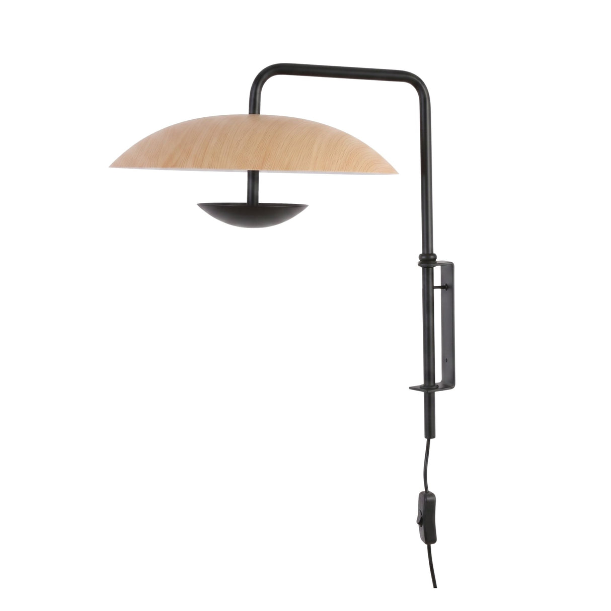 Niori Ginger LED wall light with a wood-effect disc shade, black reflector cup and matt black plug-in wall stem with inline switch, on white.