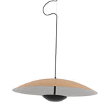 The Ginger LED Large Pendant Light in Black & Brown features a thin black cord, wide shallow wooden shade with a white underside, and central black dome—an ideal minimalist choice for kitchen island lighting.