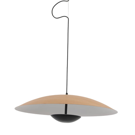 The Ginger LED Large Pendant Light in Black & Brown features a thin black cord, wide shallow wooden shade with a white underside, and central black dome—an ideal minimalist choice for kitchen island lighting.