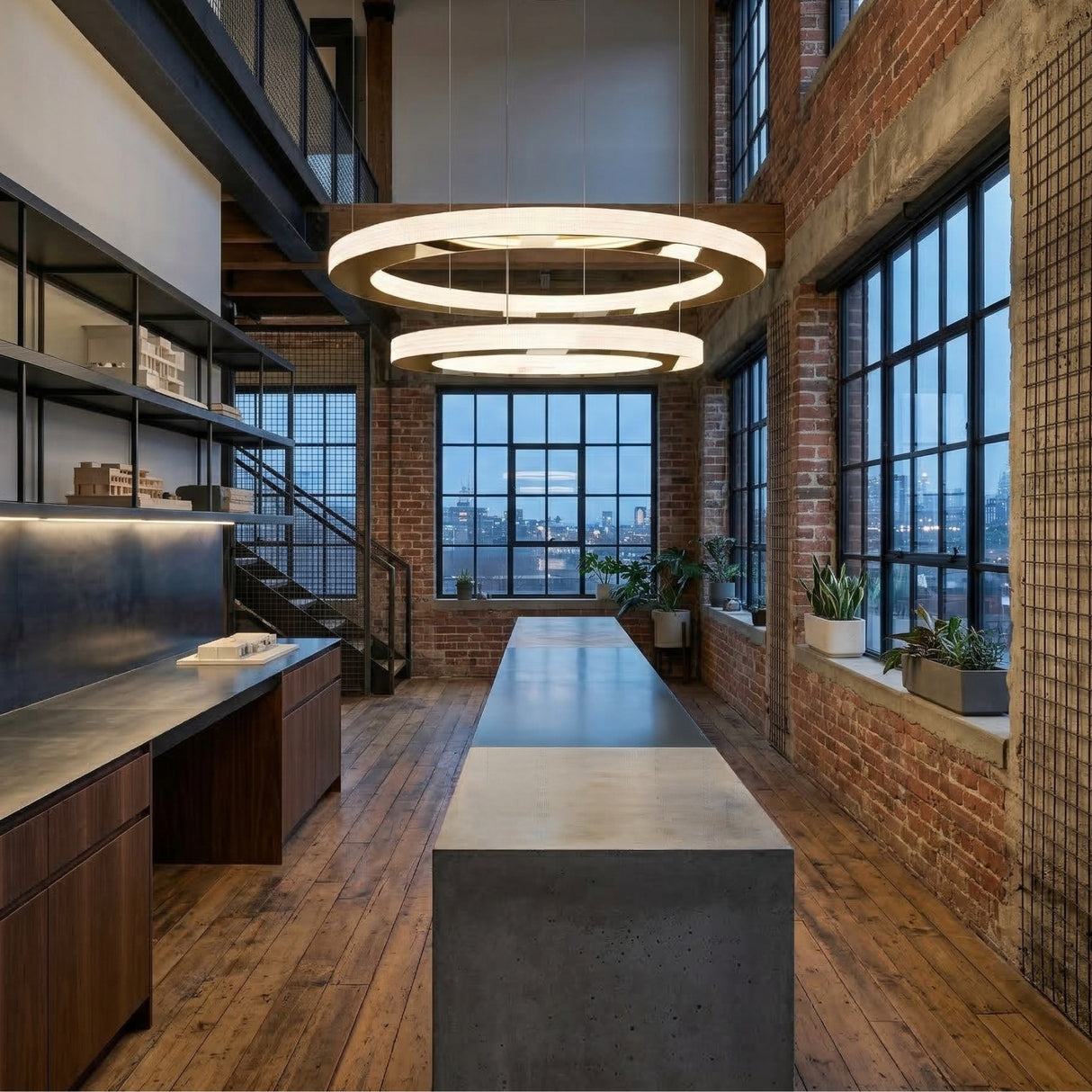 A modern industrial loft kitchen with tall windows, exposed brick walls, wood floors, a long concrete island, metal shelving, potted plants on the windowsills, and the gold Celine LED 2 Tier Suspension Light adding luxury lighting.