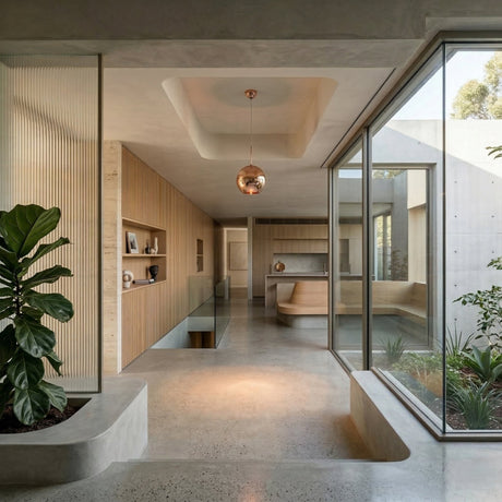 A modern, minimalist interior with polished concrete floors, light wood accents, a kitchen, built-in seating, large windows, indoor plants, and a Grand Ball Glass Pendant 25cm - Copper lighting the space beside a glass wall facing a courtyard garden.