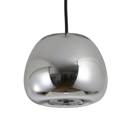 The Gulf Mini Glass Pendant Light - Silver features a dome-shaped, reflective silver shade suspended from a black cord. Its sleek design distorts reflections, adding intrigue and modern style to any space.