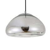 The Gulf Glass Pendant Light - Silver features a modern dome shape and sleek, reflective finish, suspended by a black cord against a white backdrop for contemporary style and elegant illumination.