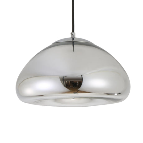 The Gulf Glass Pendant Light - Silver features a modern dome shape and sleek, reflective finish, suspended by a black cord against a white backdrop for contemporary style and elegant illumination.