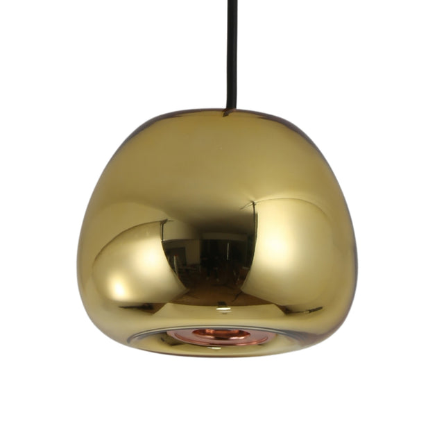 The Gulf Mini Glass Pendant Light - Brass features a sleek, shiny brass dome shade with a circular bottom opening and is suspended by a black cord for modern appeal.