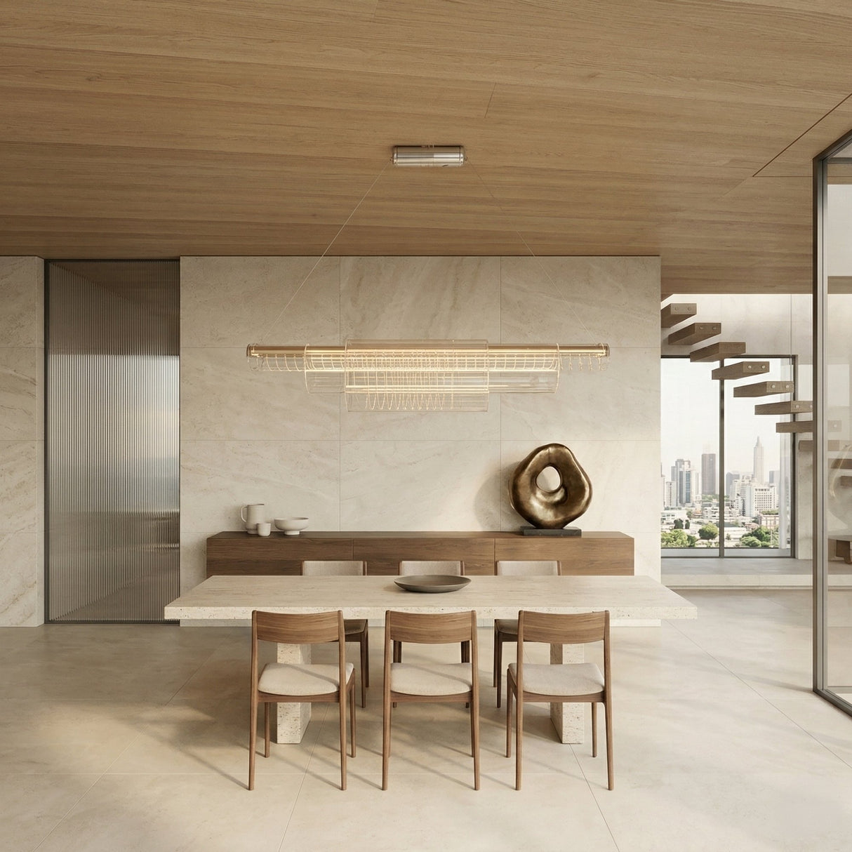A modern dining room with minimalist design features a light wood table and four chairs, a sculptural centerpiece on a sideboard, neutral stone walls and floors, the Celestri LED Linear Suspension Light in silver, large windows, and city skyline views.