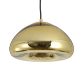 The Gulf Glass Pendant Light - Gold features a sleek, dome-shaped design with smooth curves and a glossy gold finish, suspended from a black cord—a striking modern lighting option for any room.