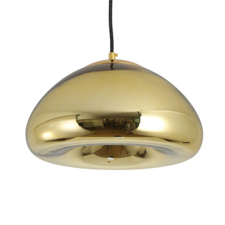 The Gulf Glass Pendant Light - Gold features a sleek, dome-shaped design with smooth curves and a glossy gold finish, suspended from a black cord—a striking modern lighting option for any room.