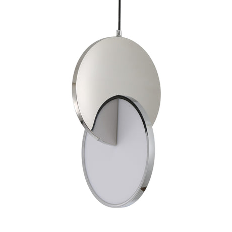 The Half Moon LED Pendant Light - Silver features two overlapping circular discs—one silver, one frosted white—for a modern, geometric crescent-shaped design.