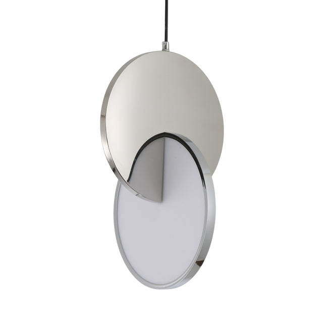 The Half Moon LED Pendant Light - Silver features two overlapping circular discs—one silver, one frosted white—for a modern, geometric crescent-shaped design.