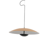 The Ginger LED Small Pendant Light - Black & Brown features a flat, round wood-toned shade with a white underside and black central fixture, suspended by a black cord against a white background.