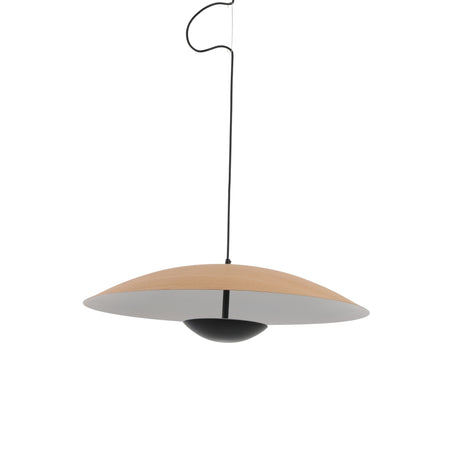 The Ginger LED Small Pendant Light - Black & Brown features a flat, round wood-toned shade with a white underside and black central fixture, suspended by a black cord against a white background.