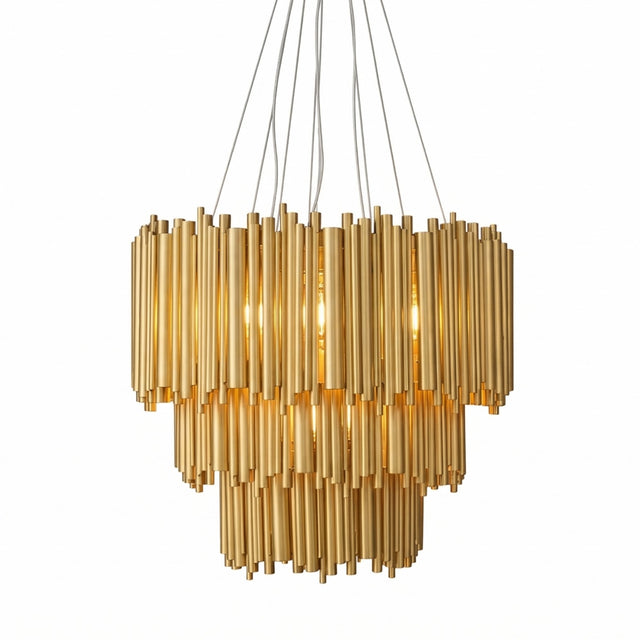 The Aurelio 42 Light Brass Chandelier - Gold showcases a striking circular tiered design with multiple vertical gold rods and warm inner lighting, elegantly suspended by thin cables for a contemporary statement.