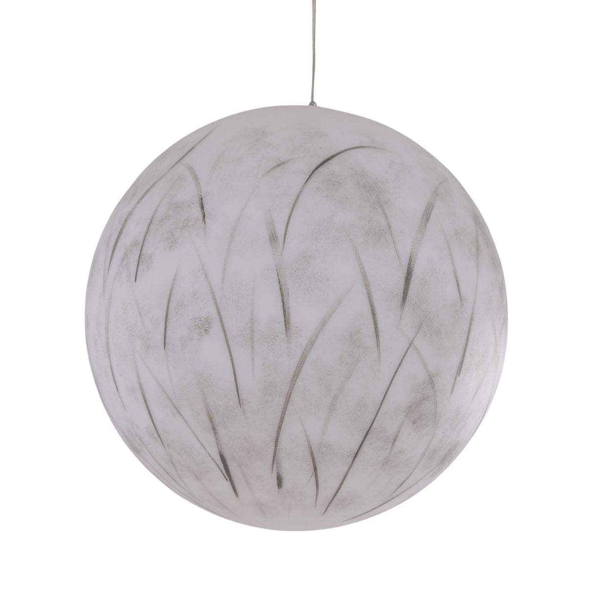 The Lunar Pendant Light - White is a spherical fixture with subtle gray brushstroke patterns like wispy grass or leaves, hand-painted across its white surface.