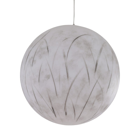 The Lunar Pendant Light - White is a spherical fixture with subtle gray brushstroke patterns like wispy grass or leaves, hand-painted across its white surface.